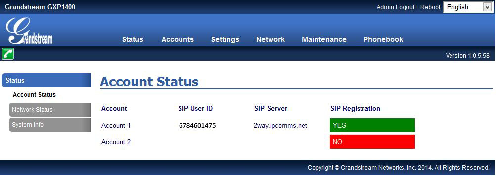 Grandstream GXP1400 Account Status